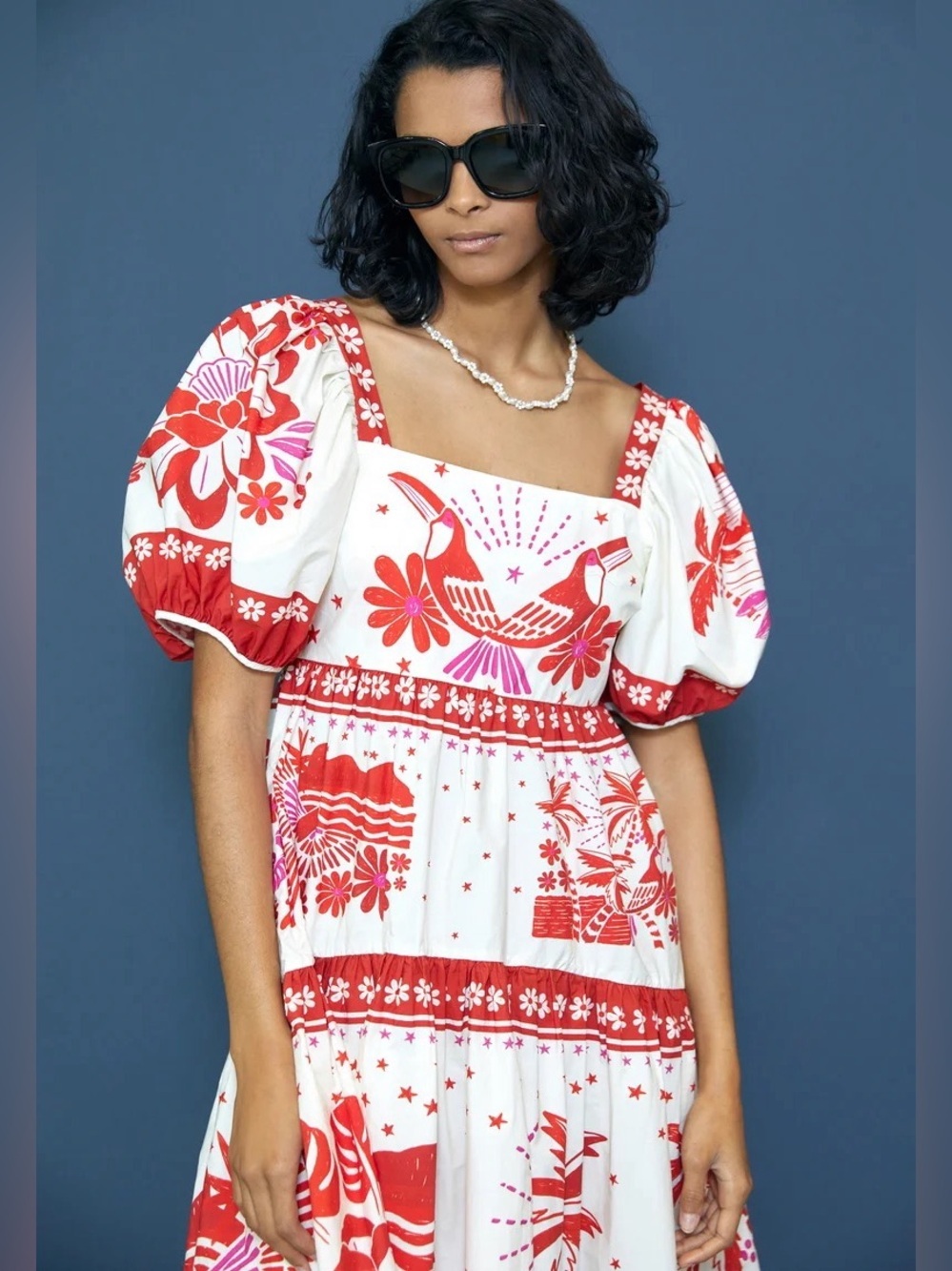 Farm Rio Tiles Printed Red Midi Dress